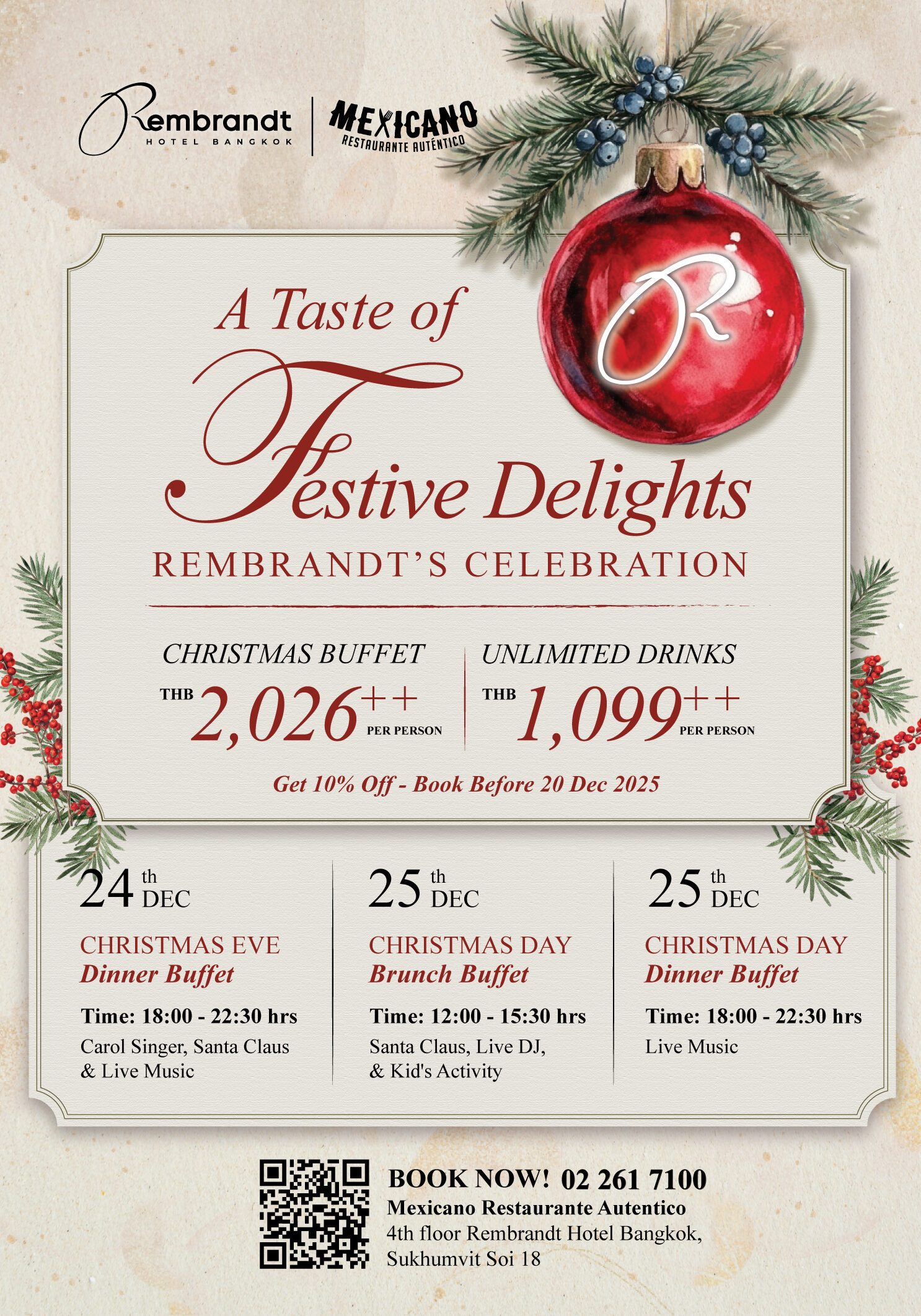 Celebrate the Festive Season 2025 in Bangkok at Rembrandt Hotel Bangkok, featuring the Best Christmas Eve Buffet, Christmas Brunch Bangkok, Christmas dinner Bangkok, and an unforgettable New Year’s Eve countdown party.